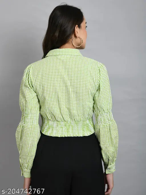 Green checked cotton full sleeve collared crop top for women, casual fashion wear on model