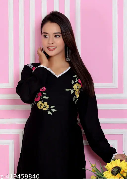 Flower black embroidered rayon kurta set with palazzos, Pakistani style, for women