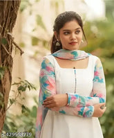 Designer white georgette gown, long-sleeved solid net bridal wear, Indian handcrafted, size S (36m bust, 14m shoulder), Sari-style for formal events