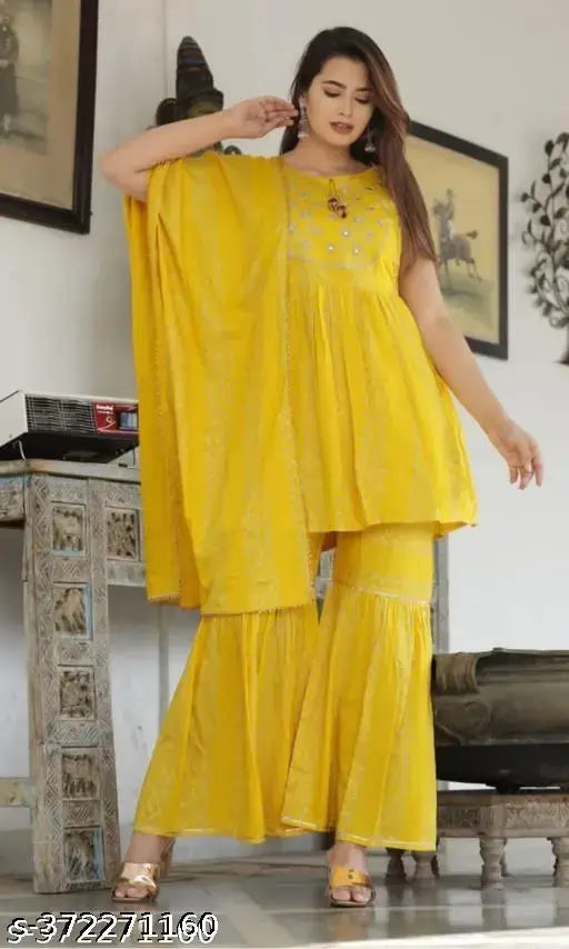 Women's premium rayon kurta and sarara set with dupatta, embroidered and gota work, rayon fabric, sleeveless, printed party wear