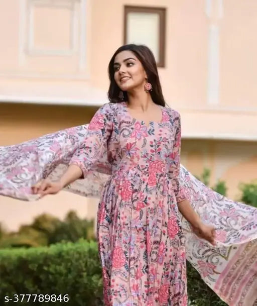 Cotton Cambric printed Anarkali gown for women, three-quarter sleeves, size M-XXXL. Indian ethnic fashion on display