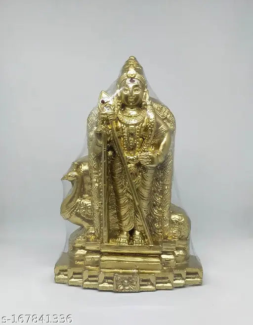 Murugar statue with vel, gold-toned poly resin god idol (1.5 inch). Detailed Murugan statue from Rishi Crafts for Living Room or interior decoration