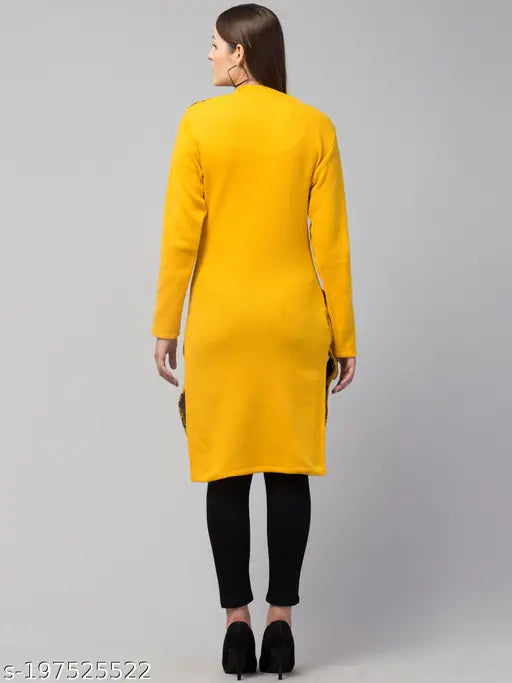 Mustard woolen kurti (M, L, XL), trendy winter wear featuring printed long sleeves, Indian origin