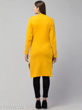 Mustard woolen kurti (M, L, XL), trendy winter wear featuring printed long sleeves, Indian origin