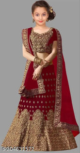 Red taffeta silk Lehenga Choli wedding wear for kids, embellished with embroidered zari work and heavy brocade fabric. Traditional Indian party wear for ages 4-15 years