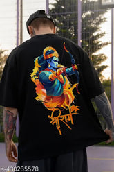 Men's Shree Ram 7 Black Printed Cotton Blend T-Shirt, oversized option available