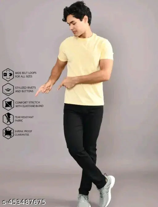 Attractive men's black denim slim fit jeans, durable denim fabric with slight stretch for comfort and versatility, ideal for casual or semi-formal occasions