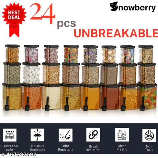 Black plastic grocery containers - 950ml, 650ml, 350ml: Transparent PET airtight containers with trendy square design for freshness and kitchen organization (pack of 24)