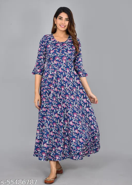 Blue rayon casual A-line round neck bell sleeves printed kurti, traditional ethnic women's fashion with three-quarter sleeves and printed pattern. Made in India
