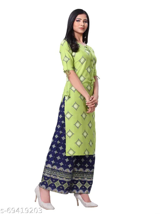 Rayon foil print kurta set with printed plazo bottoms, short-sleeved Indian fashion for women in various sizes