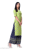 Rayon foil print kurta set with printed plazo bottoms, short-sleeved Indian fashion for women in various sizes