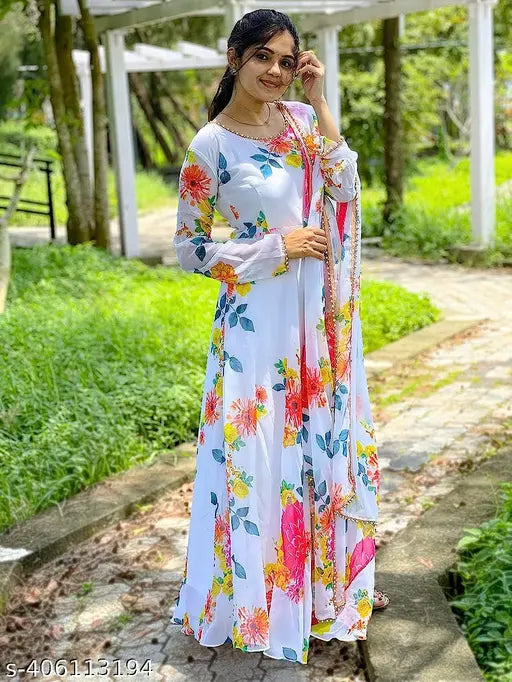 Georgette flower printed long-line gown with dupatta set for wedding/casual party wear - women's designer trending outfit in Indian fashion