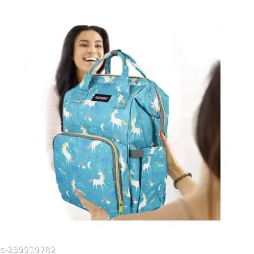 Unicorn-themed kidsify diaper bag, water-resistant polyester backpack for maternity travel. Spacious design, insulated bottle pockets, multiple storage compartments." (123 characters)