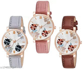 Flower grey brown pink leather watch with unique analogue flowered dial for women and girls, free size (dial diameter: 22mm), Indian origin