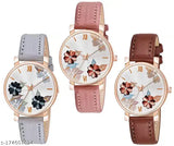 Flower grey brown pink leather watch with unique analogue flowered dial for women and girls, free size (dial diameter: 22mm), Indian origin