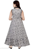 Grey silk ethnic girls gown, printed net design, sleeveless daily wear for parties and occasions