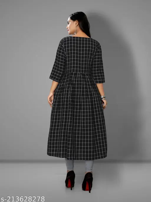 Cotton printed Anarkali kurtis for women, three-quarter sleeve trendy style, size M (38in bust, 44in length), L (40in bust, 44in length) - India