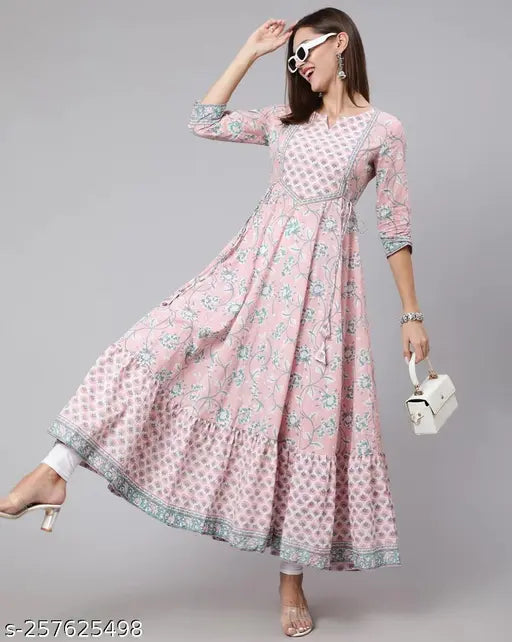 Pink flared Anarkali kurti, cotton three-quarter sleeve with printed combo. Single piece of women's Surya creation kurti on display. Machine washable, pure cotton product. Product code: KKIM4041PINK, size varies from S to XXXL. Made in India