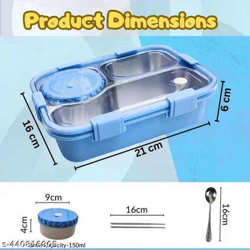 Blue stainless steel bento box with 3 compartments, insulated, air tight, leak proof, includes utensils, compact design, safe, eco-friendly, for kids, adults, men, women, Made in India