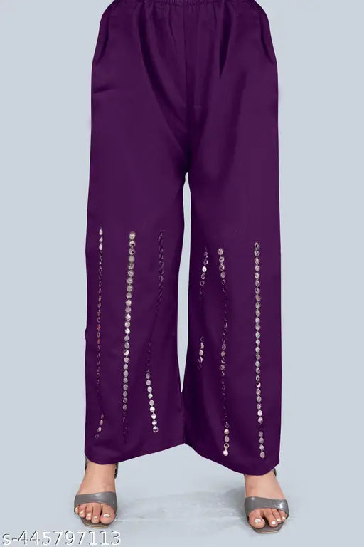 Women's viscose rayon regular fit mirror work kurti plazzo set, solid color, three-quarter sleeves, kurta with bottomwear, palazzos style