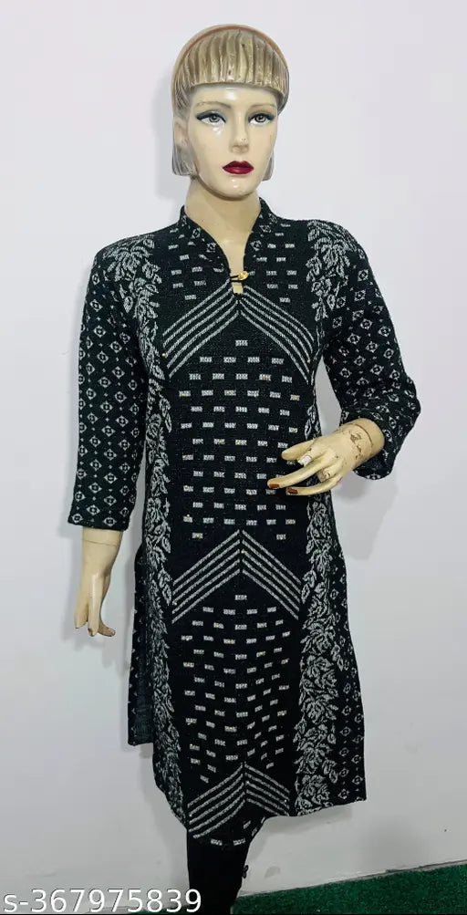 Black Woolen Kurta with White Flower Print, three-quarter sleeves - Winter elegance, dry clean for longevity