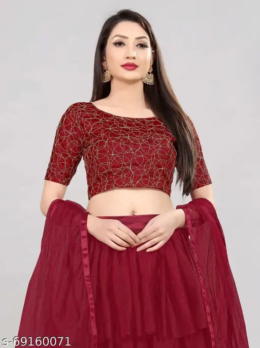 Maroon embroidered semi-stitched lehenga choli (free size), satin top and net bottom/dupatta with ruffle detail, alterable up to 42 inch waist