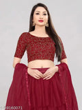 Maroon embroidered semi-stitched lehenga choli (free size), satin top and net bottom/dupatta with ruffle detail, alterable up to 42 inch waist