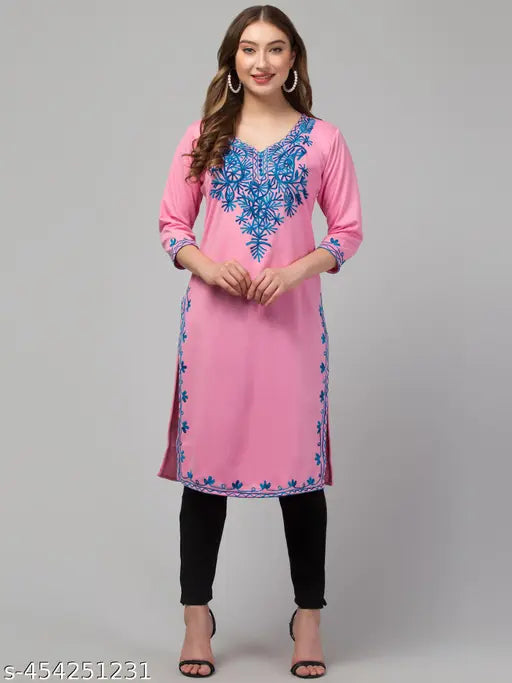 Woolen Kashmiri kurta for women in winter, richly embroidered round neck design, premium quality rainbow yarn