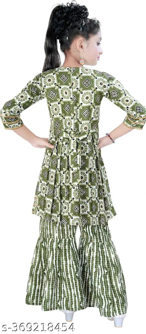 Cotton Alia cut pant set - vibrant printed girls kurta with embroidered neckline and matching pants, Indian ethnic wear for kids aged 2-11 years