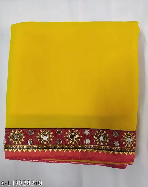 Yellow Georgette saree with blouse, zari woven mirror work and stone lace, India origin