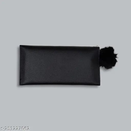 Pure color wool ball bow clutch bag, canvas & leather, 2 compartments, Solid Net, free size (10cm x 12cm), luxury and comfortable budget-friendly women's wallet, made in India