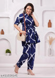 Blue rayon pyjamas set, printed net top and bottom with short sleeves, M-XXXL sizes available