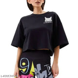 Black cotton blend crop top with graphic print, California and LA design for women