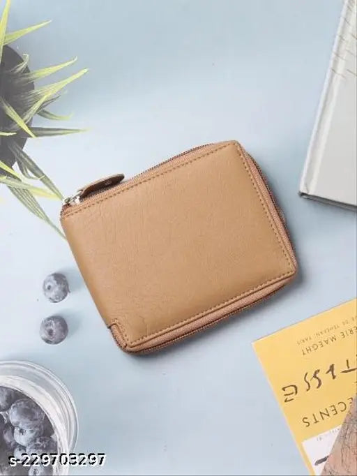 Beige artificial leather wallet for men & women, trendy and versatile for casual, evening/party, formal events, travel. Features 4 card slots and 2 compartments. Solid pattern design on free-size (12cm x 10cm). Made in India
