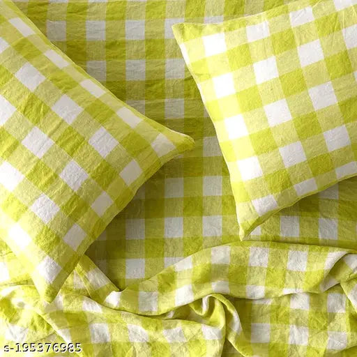 Handloom lemon green check cotton flat sheet by YES YES APPARELS, ideal for single adult bed in summer season. Soft 450 thread count for a luxurious touch and feel. Made in India