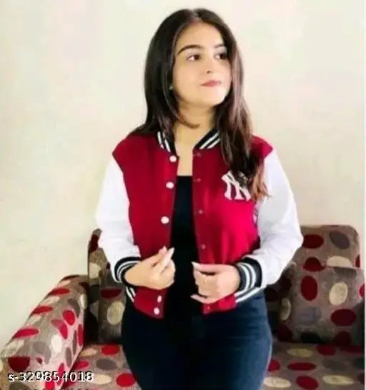 Maroon cotton blend kids' full sleeve solid NY jacket, printed design for 8-16 years old, India origin