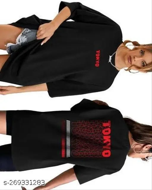 Cotton blend oversize T-Shirt for women, three-quarter sleeves, printed net design - S, M, L, XL, XXL, XXXL sizes available