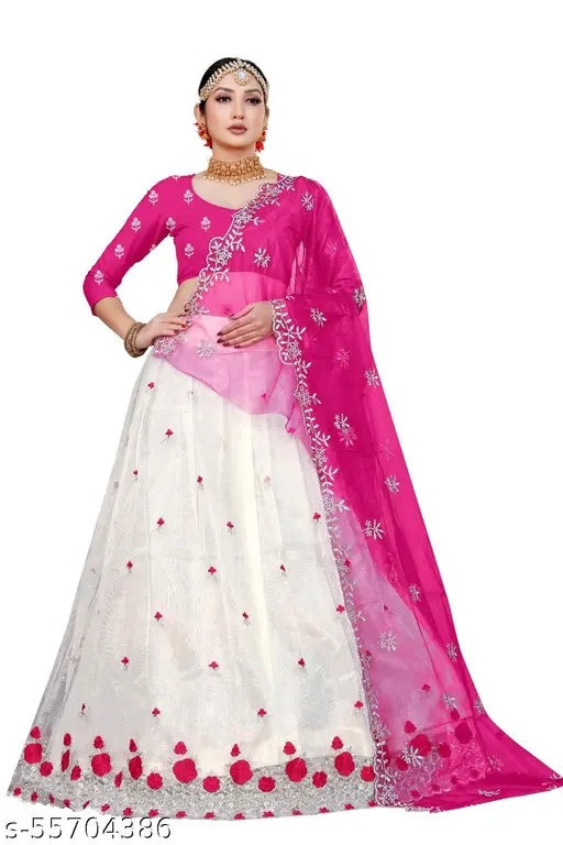 Embroidered dupion silk lehenga with net dupatta, heavy thread work and cutwork border, semi-stitched (waist size 44m, length 43m), India