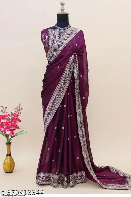 Purple Georgette Bollywood Saree with embroidered butti work and sequin detailing, free-size, from India