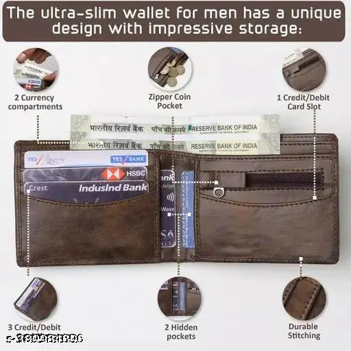 Brown faux leather ATM wallet with 7 card slots, 1 coin chain pocket, and 2 compartments. Ideal for men and boys, perfect gift from Gillkart