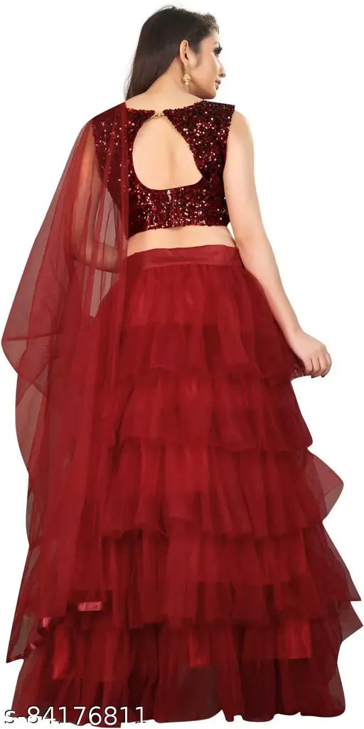 Golden sequin-work semi-stitched lehenga choli and net dupatta set, featuring ruffle and lace patterns, ideal for traditional events