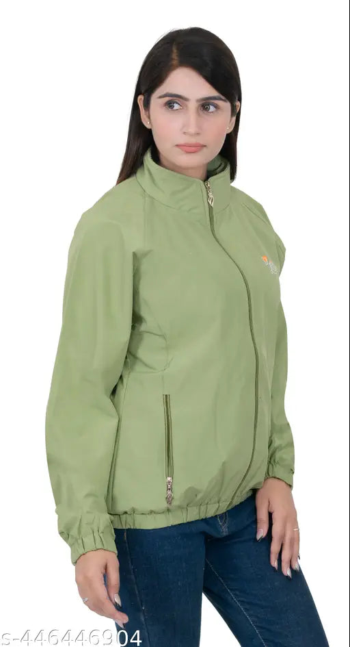 Indian-made premium polyester women's jacket with long sleeves, solid pattern, and trendy style