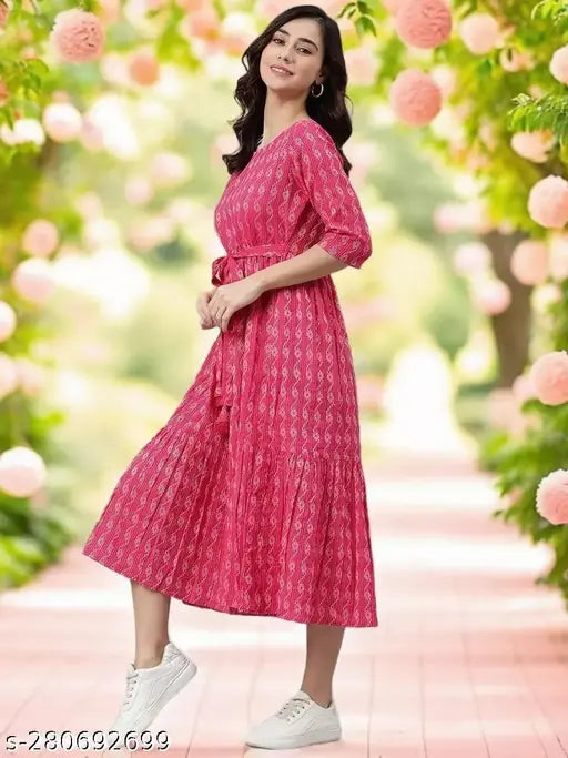 Shambhavi Creations Janifer Kurti Pink Color - Three-Quarter Sleeve Cotton Dress with Woven Design, ideal for everyday casual or semi-formal wear