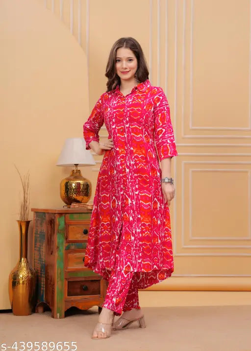 Viscose Rayon Candy Red Coord Set 007 - Indian printed kurta with palazzos, featuring three-quarter sleeves