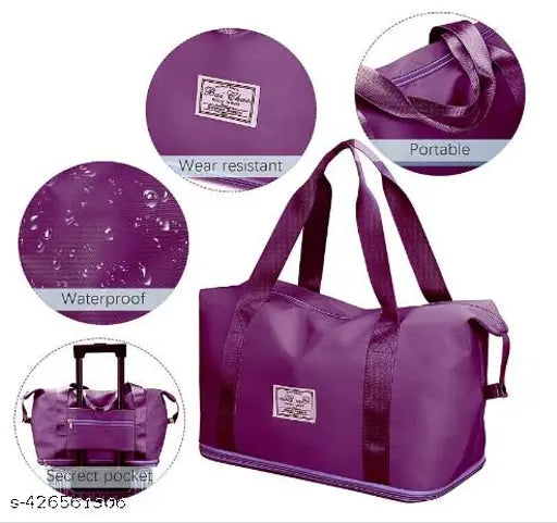 Purple foldable travel duffel bag, waterproof & lightweight, 3 compartments, great for weekend trips
