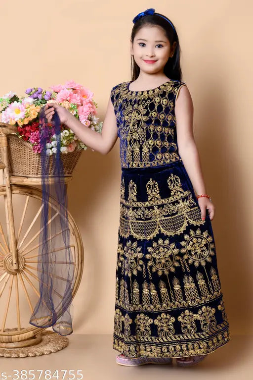 Velvet embroidered Lehenga Cholis for girls, Indian velvet lenga-choli set with long sleeves, 3-8 years
