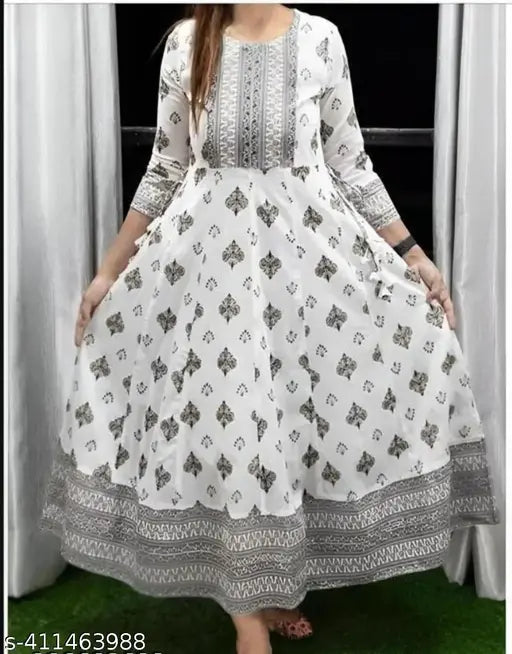 Rayon Anarkali printed kurti for women, three-quarter sleeve length, vibrant Indian pattern on display