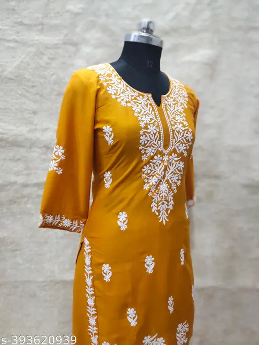 Rayon embroidered net Kurta and plazzo set, latest designer rayon readymade kurti with three-quarter sleeves, India origin