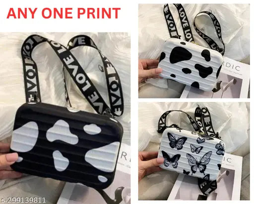 mini suitcase sling bag, PU material, navy blue color, travel accessory for girls, bird print pattern, spacious interior, detachable belt and handbelt