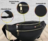 Black leather waist/shoulder-tied bag, perfect for men and women outdoor activities. Unisex, waterproof, adjustable strap, 2 zipped compartments